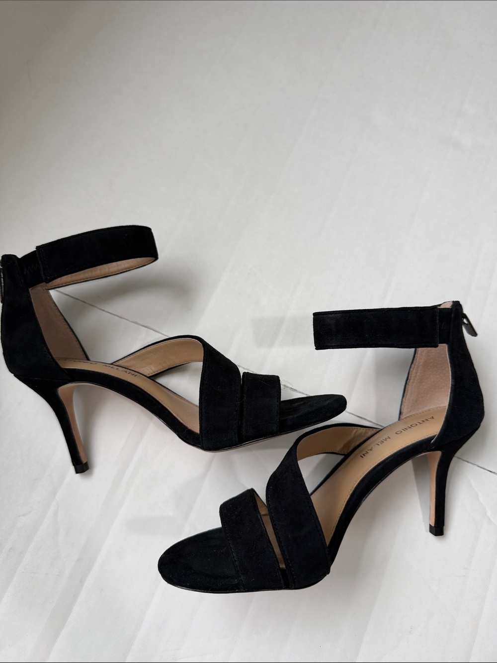 ANTONIO MELANI Black Suede Strappy Ankle-Heel Sandals